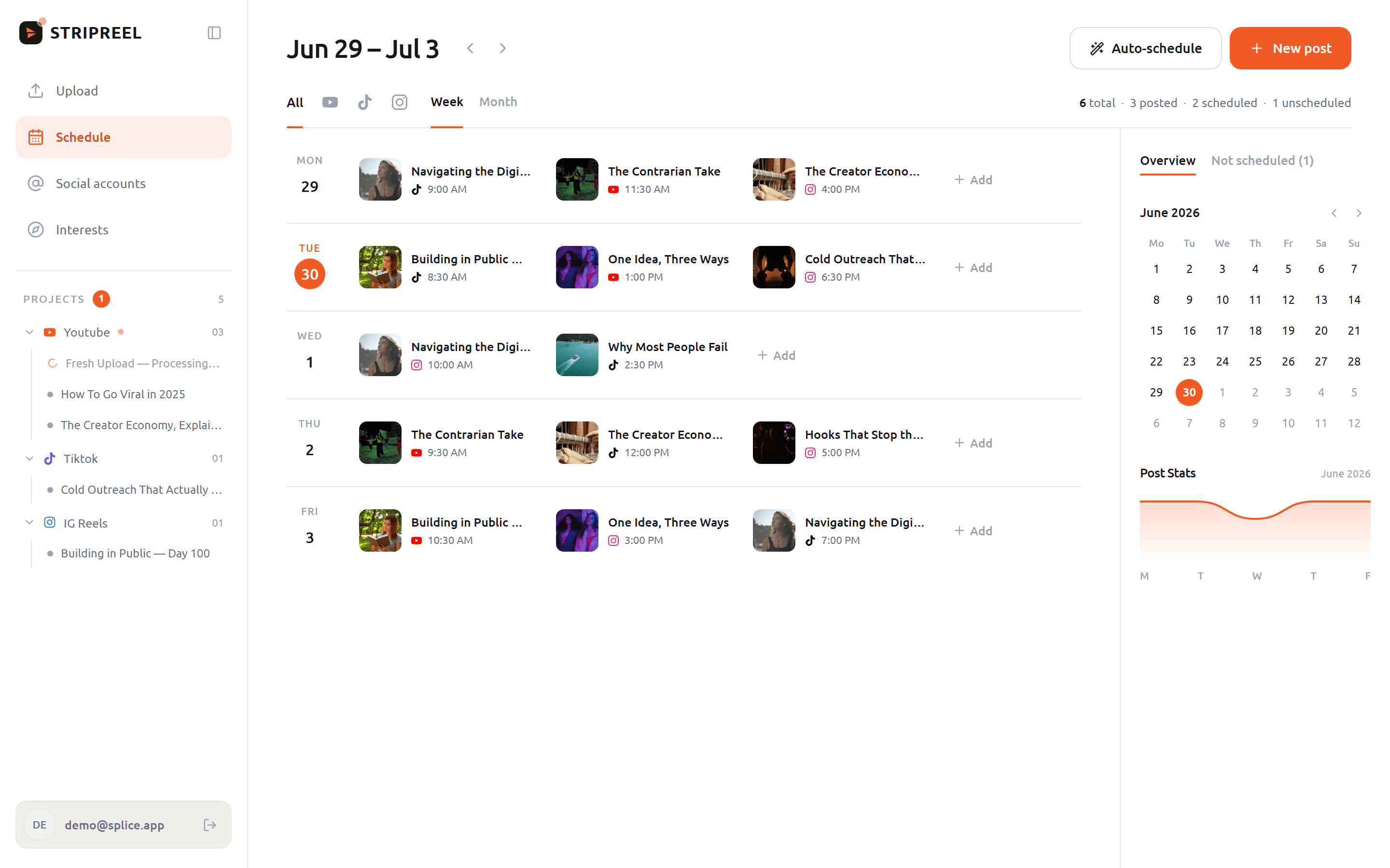 stripreel schedule view, weekly publishing calendar across platforms
