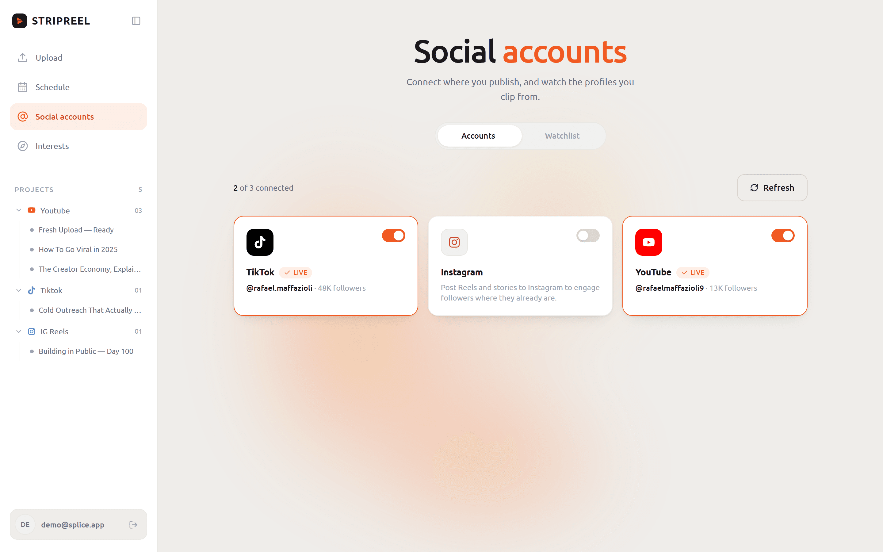 stripreel social accounts view, TikTok, YouTube and Instagram connected
