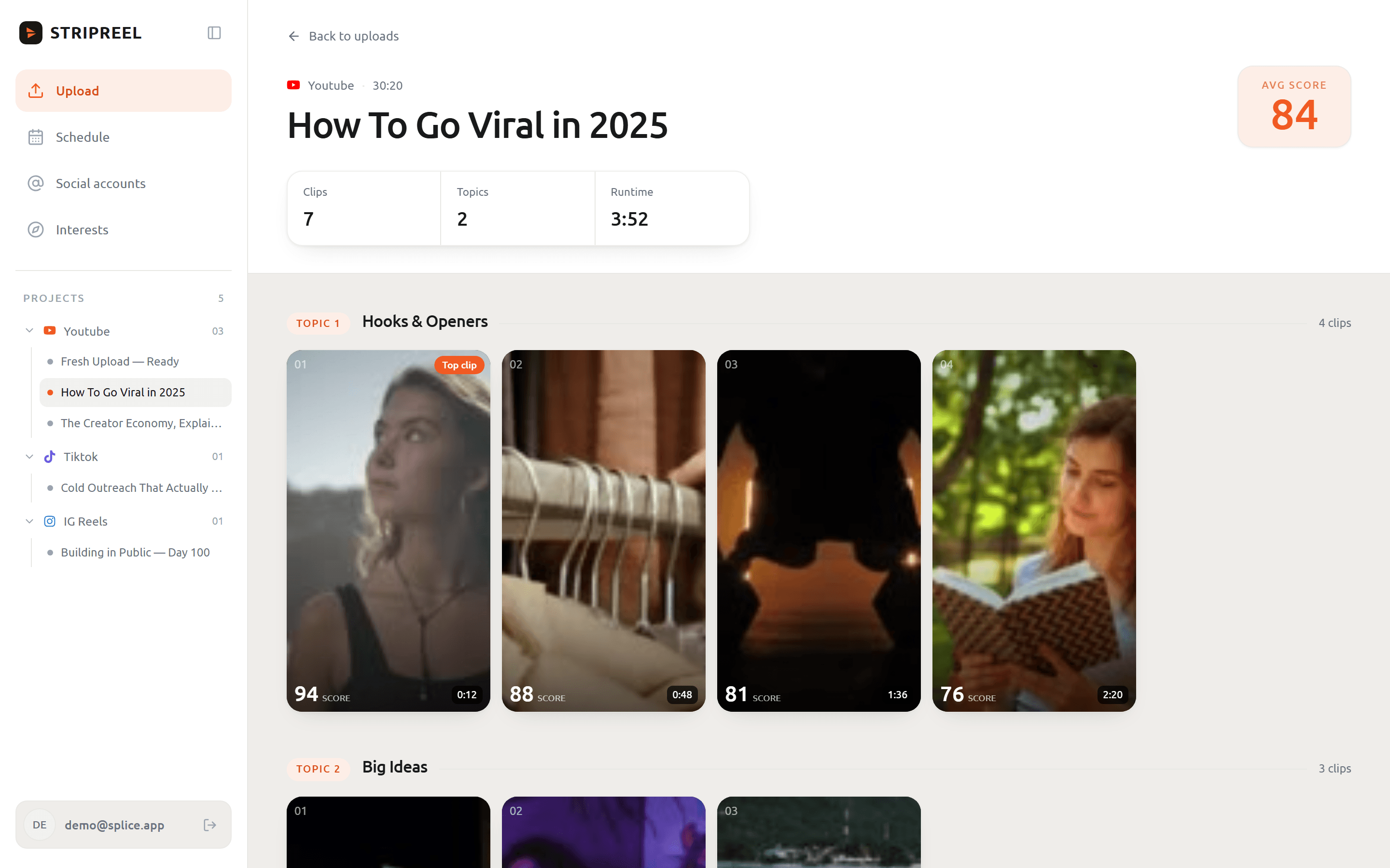 stripreel clips view, vertical clips ranked by virality score